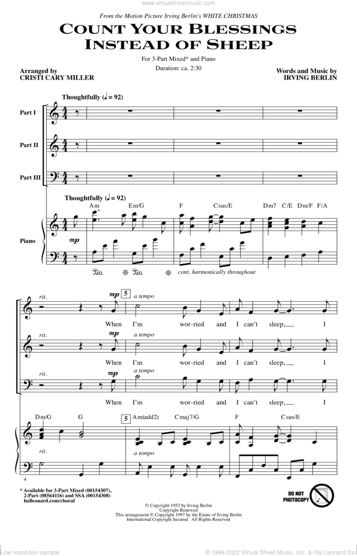 Count Your Blessings Instead Of Sheep (arr. Cristi Cary Miller) sheet music for choir (3-Part Mixed) by Irving Berlin, Cristi Cary Miller, Cristi Miller, Bing Crosby and Rosemary Clooney and Eddie Fisher, intermediate skill level