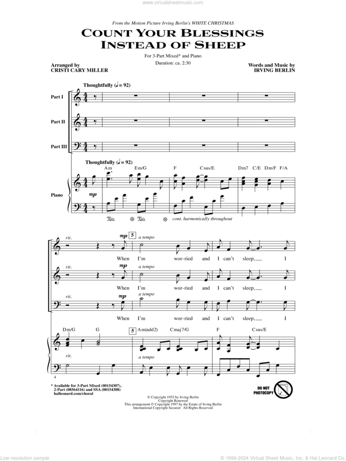 Count Your Blessings Instead Of Sheep (arr. Cristi Cary Miller) sheet music for choir (3-Part Mixed) by Irving Berlin, Cristi Cary Miller, Cristi Miller, Bing Crosby and Rosemary Clooney and Eddie Fisher, intermediate skill level