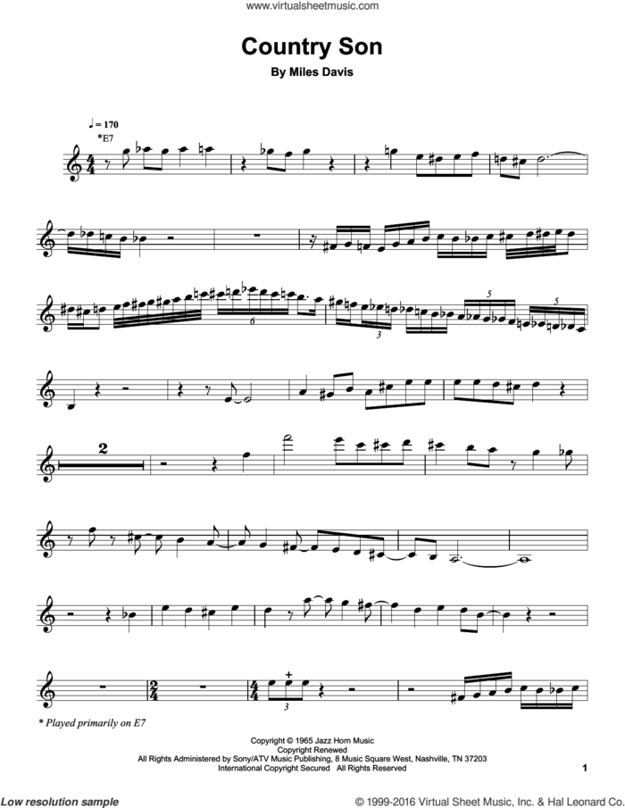 Country Son sheet music for trumpet solo (transcription) by Miles Davis, intermediate trumpet (transcription)