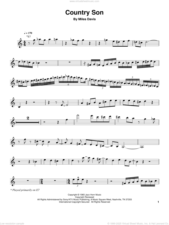 Country Son sheet music for trumpet solo (transcription) by Miles Davis, intermediate trumpet (transcription)