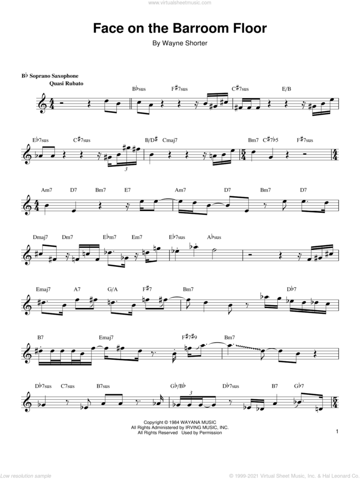 Face On The Barroom Floor sheet music for soprano saxophone solo (transcription) by Wayne Shorter, intermediate soprano saxophone (transcription)