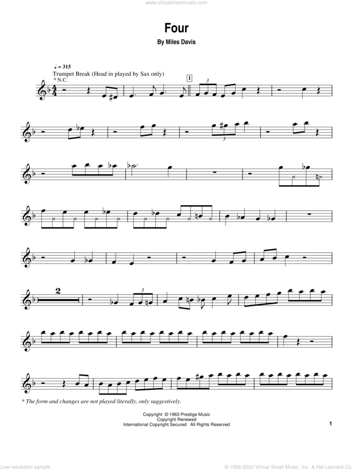 Four sheet music for trumpet solo (transcription) by Miles Davis and John Coltrane, intermediate trumpet (transcription)