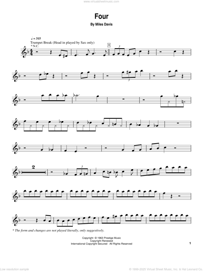 Four sheet music for trumpet solo (transcription) by Miles Davis and John Coltrane, intermediate trumpet (transcription)