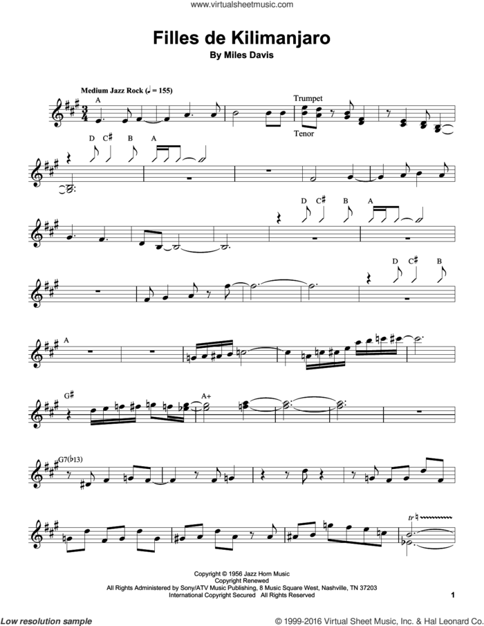 Filles De Kilimanjaro sheet music for trumpet solo (transcription) by Miles Davis, intermediate trumpet (transcription)
