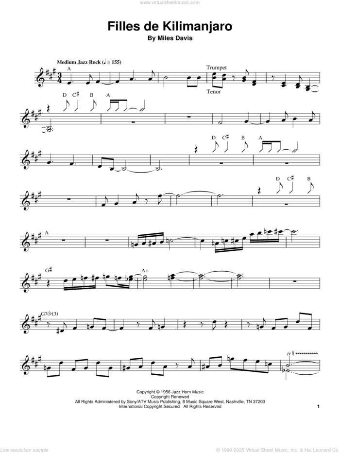 Filles De Kilimanjaro sheet music for trumpet solo (transcription) by Miles Davis, intermediate trumpet (transcription)