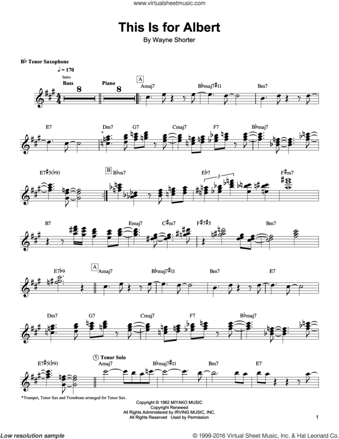 This Is For Albert sheet music for tenor saxophone solo (transcription) by Wayne Shorter, intermediate tenor saxophone (transcription)