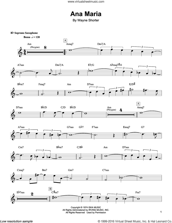Ana Maria sheet music for soprano saxophone solo (transcription) by Wayne Shorter, intermediate soprano saxophone (transcription)