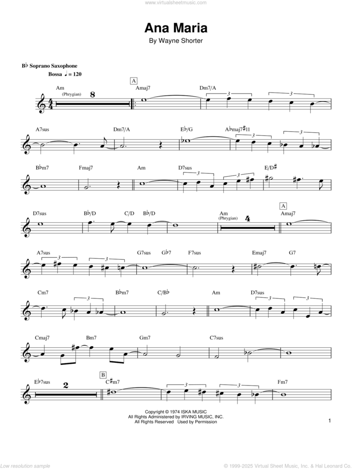 Ana Maria sheet music for soprano saxophone solo (transcription) by Wayne Shorter, intermediate soprano saxophone (transcription)