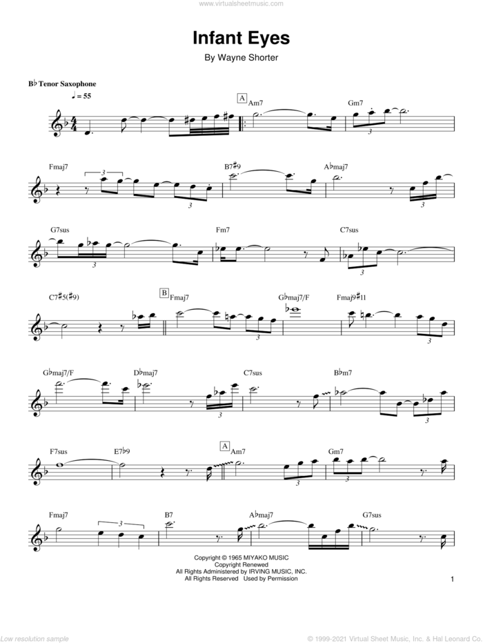 Infant Eyes sheet music for tenor saxophone solo (transcription) by Wayne Shorter, intermediate tenor saxophone (transcription)