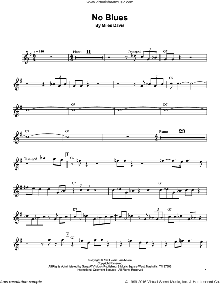No Blues sheet music for trumpet solo (transcription) by Miles Davis, intermediate trumpet (transcription)