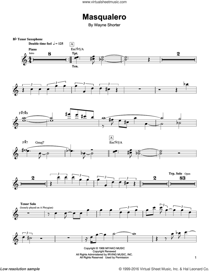 Masqualero sheet music for tenor saxophone solo (transcription) by Wayne Shorter, intermediate tenor saxophone (transcription)