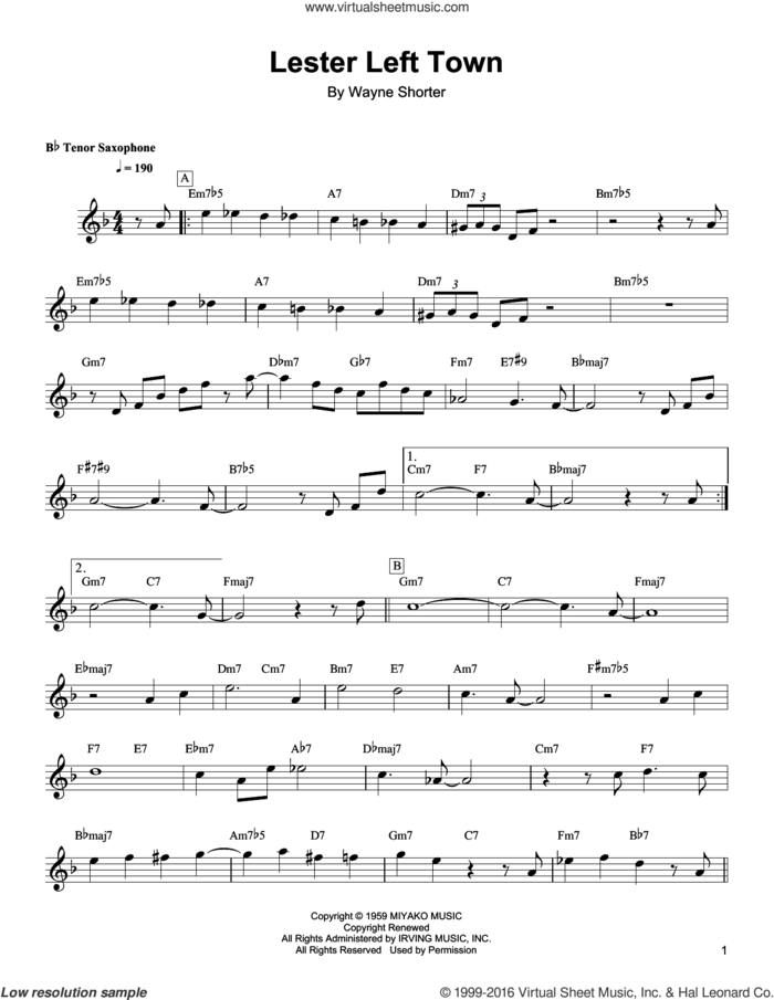 Lester Left Town sheet music for tenor saxophone solo (transcription) by Wayne Shorter, intermediate tenor saxophone (transcription)
