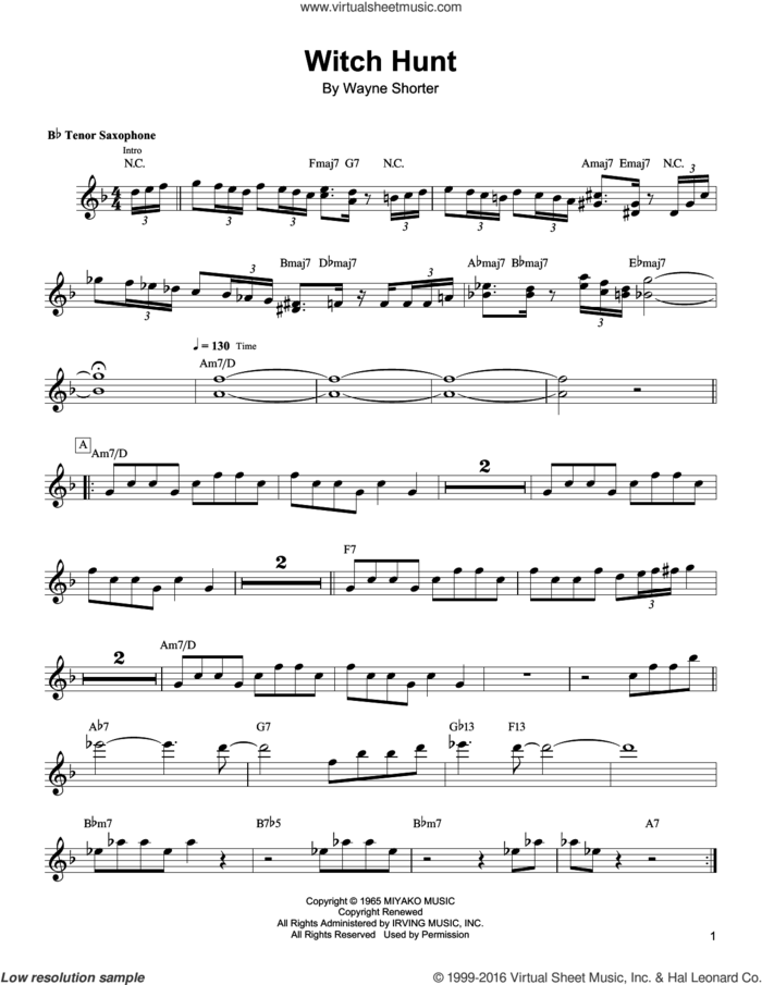 Witch Hunt sheet music for tenor saxophone solo (transcription) by Wayne Shorter, intermediate tenor saxophone (transcription)