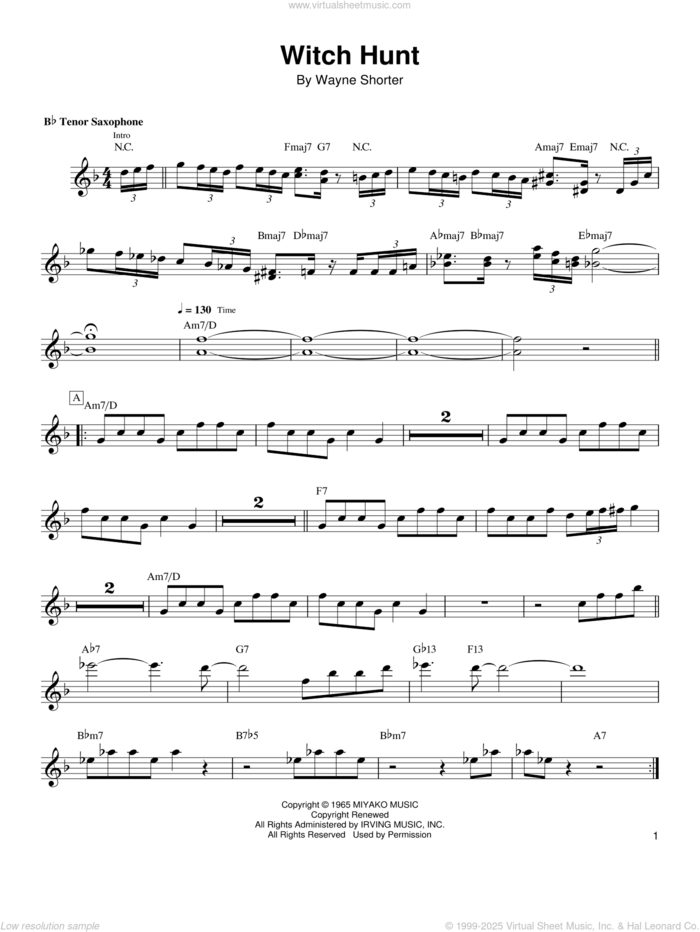 Witch Hunt sheet music for tenor saxophone solo (transcription) by Wayne Shorter, intermediate tenor saxophone (transcription)