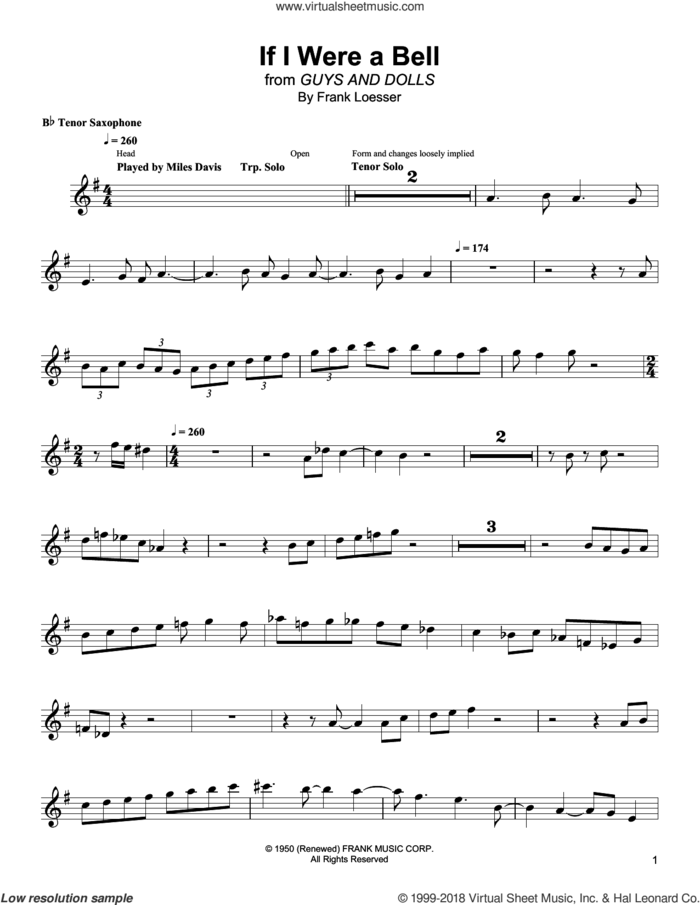 If I Were A Bell sheet music for tenor saxophone solo (transcription) by Wayne Shorter and Frank Loesser, intermediate tenor saxophone (transcription)