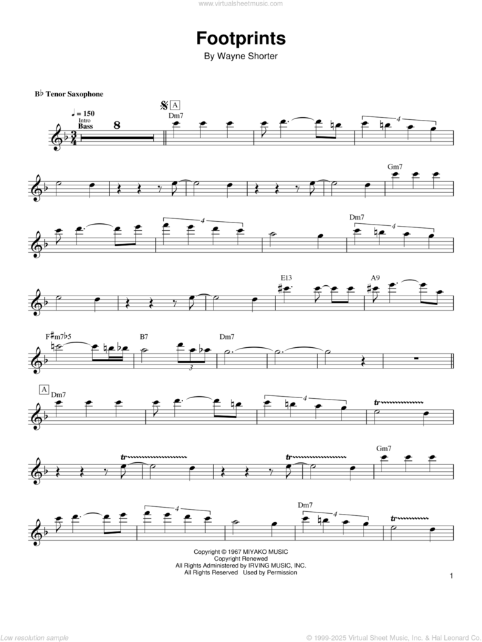 Footprints sheet music for tenor saxophone solo (transcription) by Wayne Shorter, intermediate tenor saxophone (transcription)