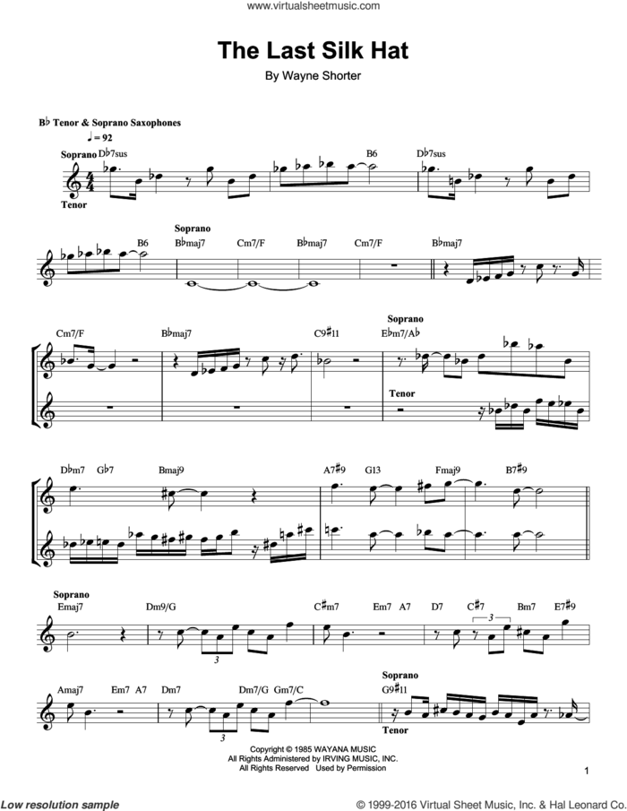 The Last Silk Hat sheet music for soprano saxophone solo (transcription) by Wayne Shorter, intermediate soprano saxophone (transcription)