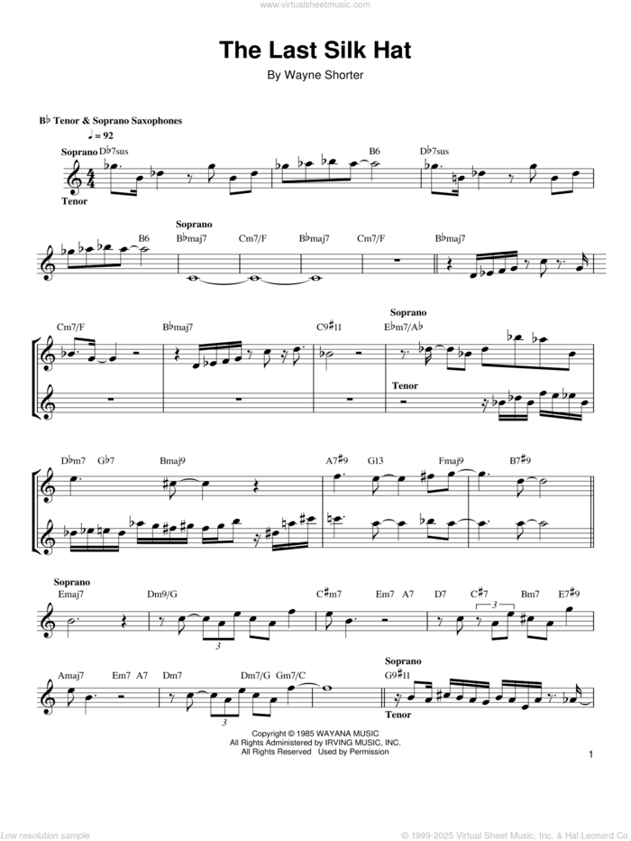 The Last Silk Hat sheet music for soprano saxophone solo (transcription) by Wayne Shorter, intermediate soprano saxophone (transcription)