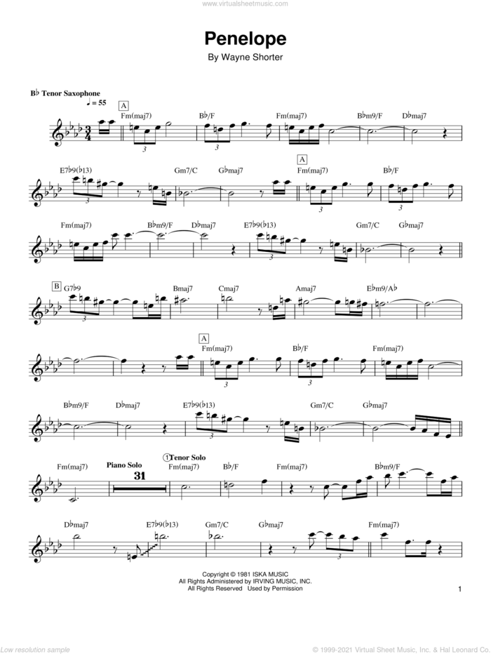 Penelope sheet music for tenor saxophone solo (transcription) by Wayne Shorter, intermediate tenor saxophone (transcription)