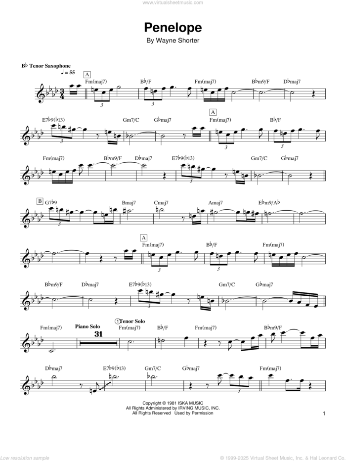 Penelope sheet music for tenor saxophone solo (transcription) by Wayne Shorter, intermediate tenor saxophone (transcription)