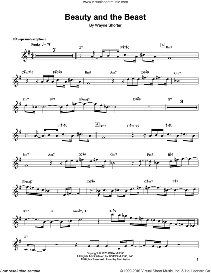 Beauty And The Beast sheet music for soprano saxophone solo (transcription) by Wayne Shorter, intermediate soprano saxophone (transcription)