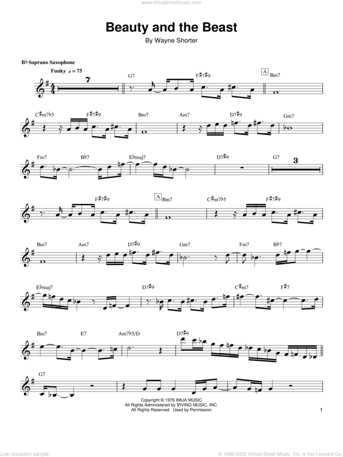 Beauty And The Beast sheet music for soprano saxophone solo (transcription) by Wayne Shorter, intermediate soprano saxophone (transcription)