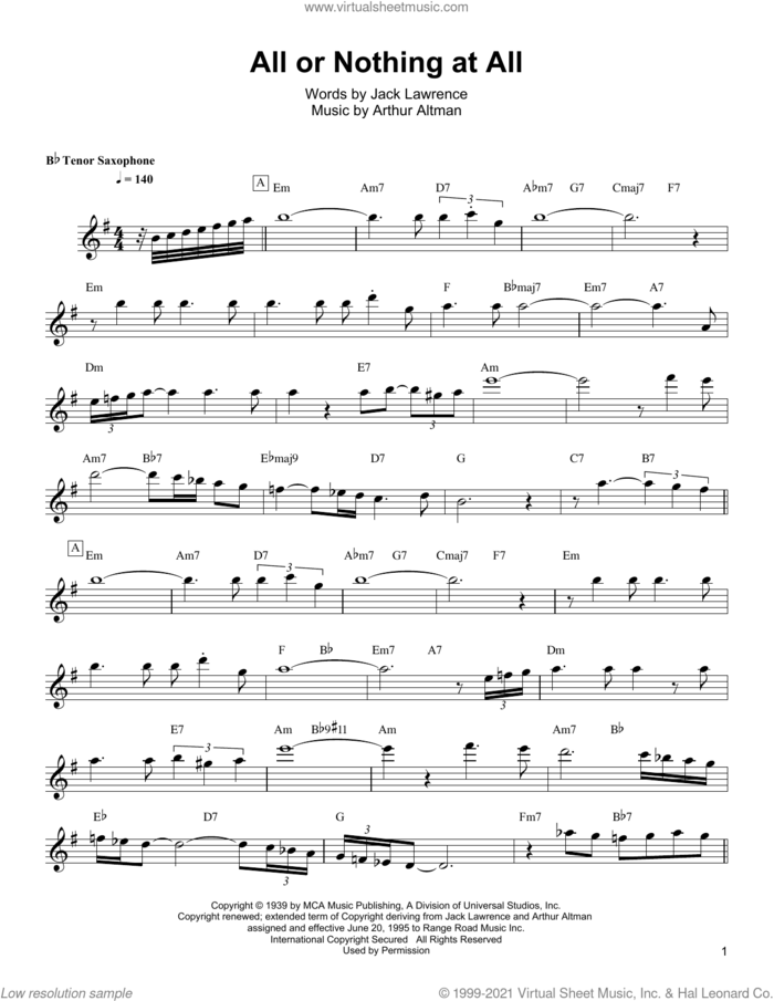 All Or Nothing At All sheet music for tenor saxophone solo (transcription) by Wayne Shorter, Frank Sinatra w/Harry James Orchestra, Arthur Altman and Jack Lawrence, intermediate tenor saxophone (transcription)