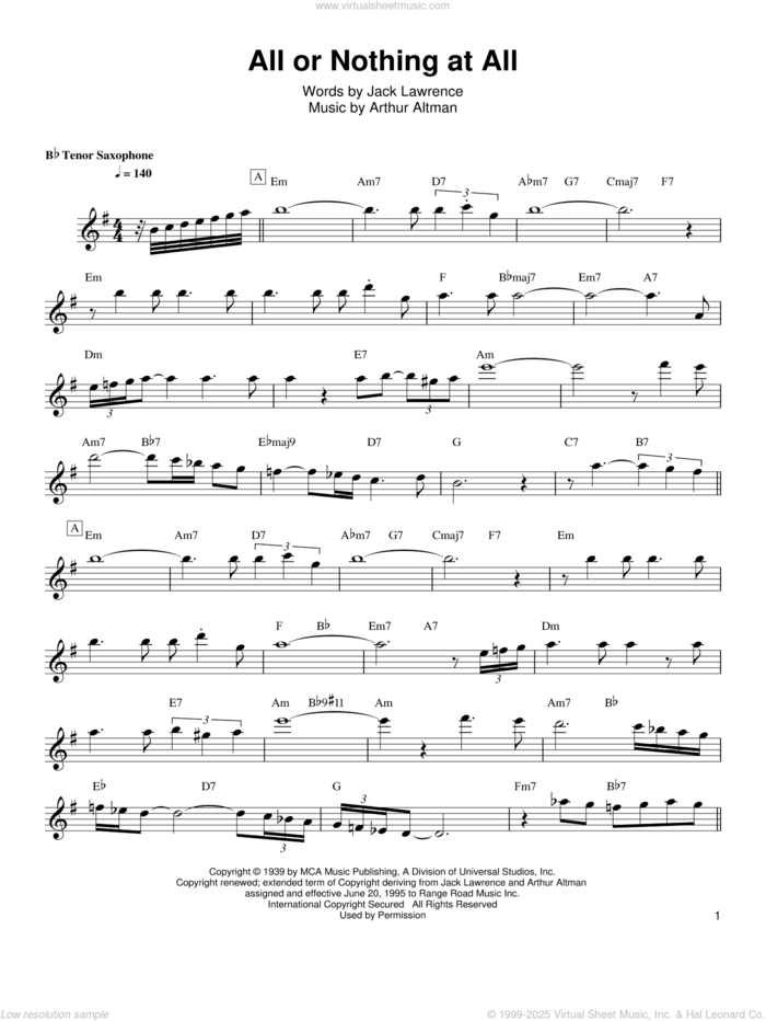 All Or Nothing At All sheet music for tenor saxophone solo (transcription) by Wayne Shorter, Frank Sinatra w/Harry James Orchestra, Arthur Altman and Jack Lawrence, intermediate tenor saxophone (transcription)