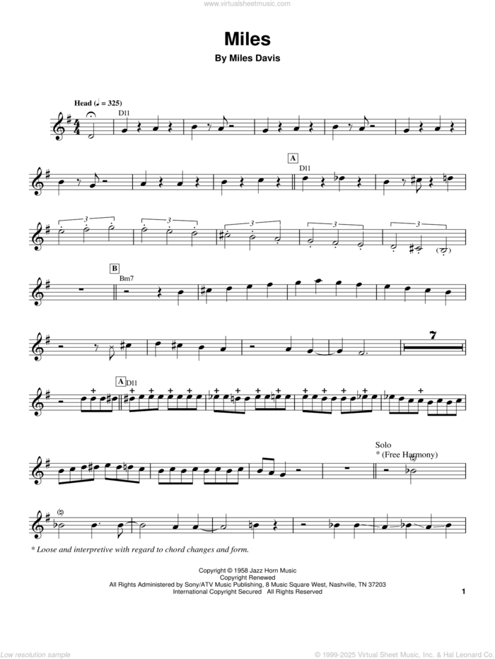 Miles sheet music for trumpet solo (transcription) by Miles Davis, intermediate trumpet (transcription)