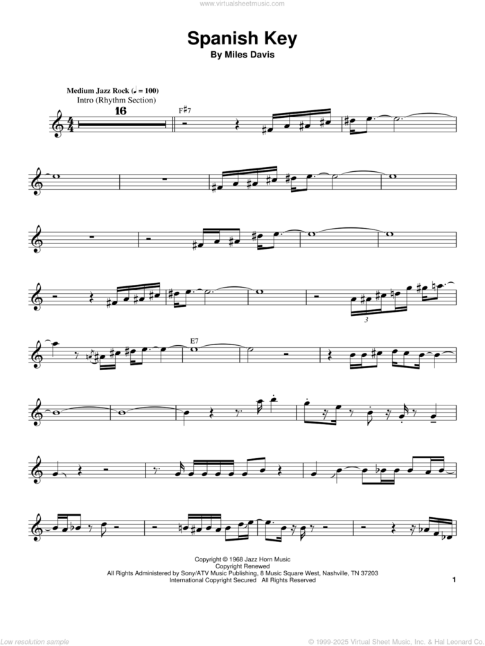 Spanish Key sheet music for trumpet solo (transcription) by Miles Davis, intermediate trumpet (transcription)