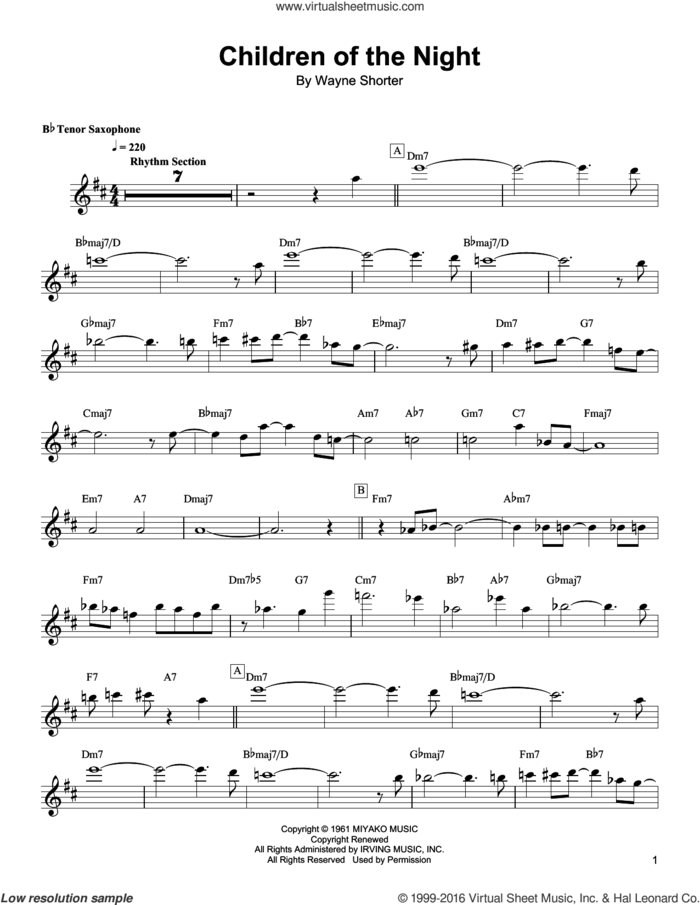 Children Of The Night sheet music for tenor saxophone solo (transcription) by Wayne Shorter, intermediate tenor saxophone (transcription)