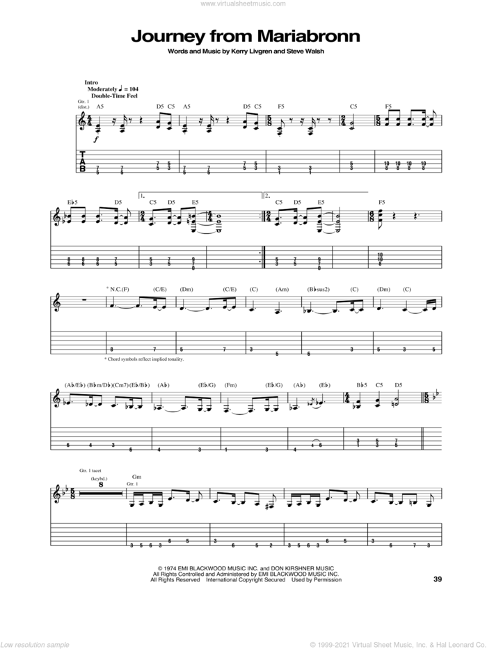 Journey From Mariabronn sheet music for guitar (tablature) by Kansas, Kerry Livgren and Steve Walsh, intermediate skill level