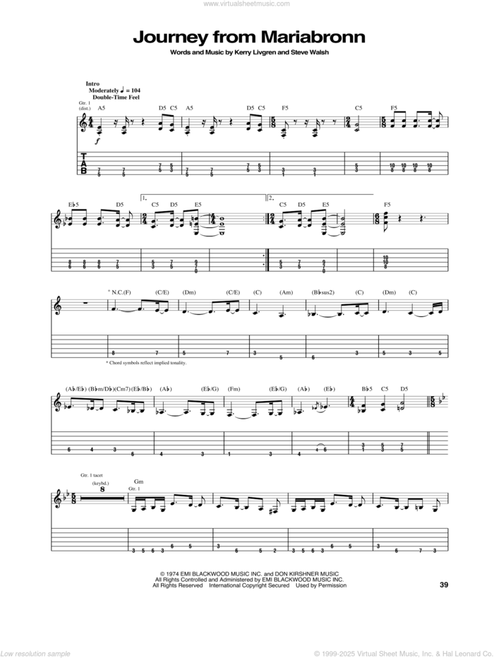 Journey From Mariabronn sheet music for guitar (tablature) by Kansas, Kerry Livgren and Steve Walsh, intermediate skill level