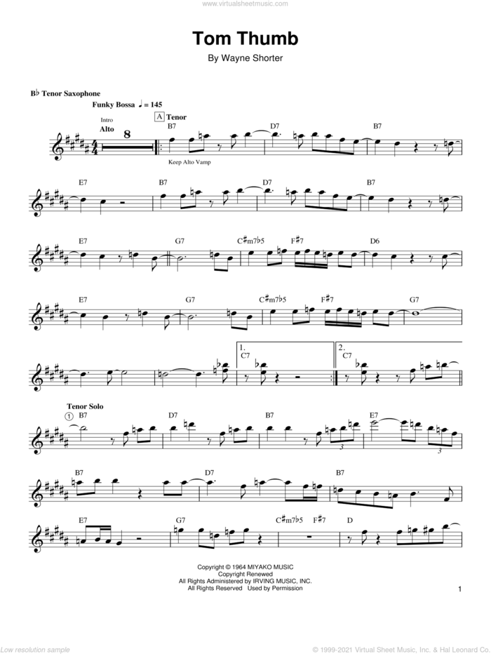 Tom Thumb sheet music for tenor saxophone solo (transcription) by Wayne Shorter, intermediate tenor saxophone (transcription)