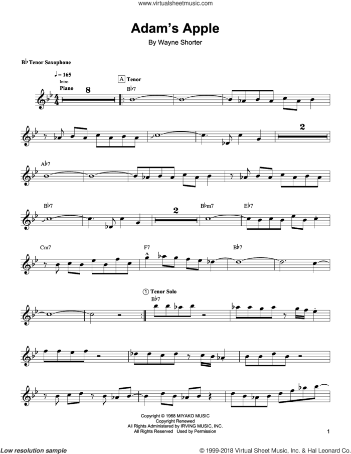Adam's Apple sheet music for tenor saxophone solo (transcription) by Wayne Shorter, intermediate tenor saxophone (transcription)