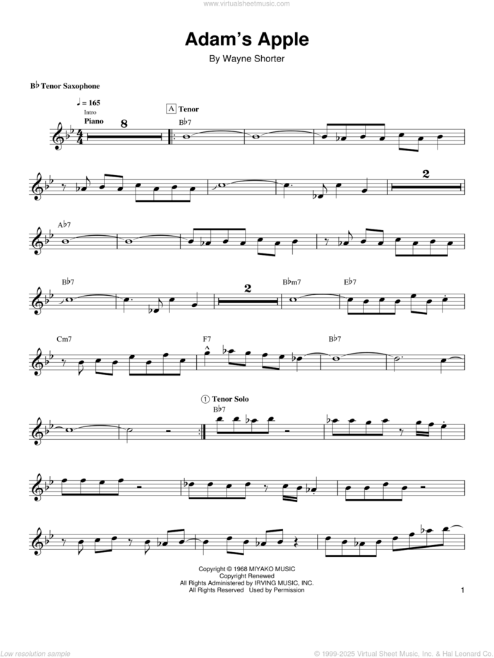 Adam's Apple sheet music for tenor saxophone solo (transcription) by Wayne Shorter, intermediate tenor saxophone (transcription)