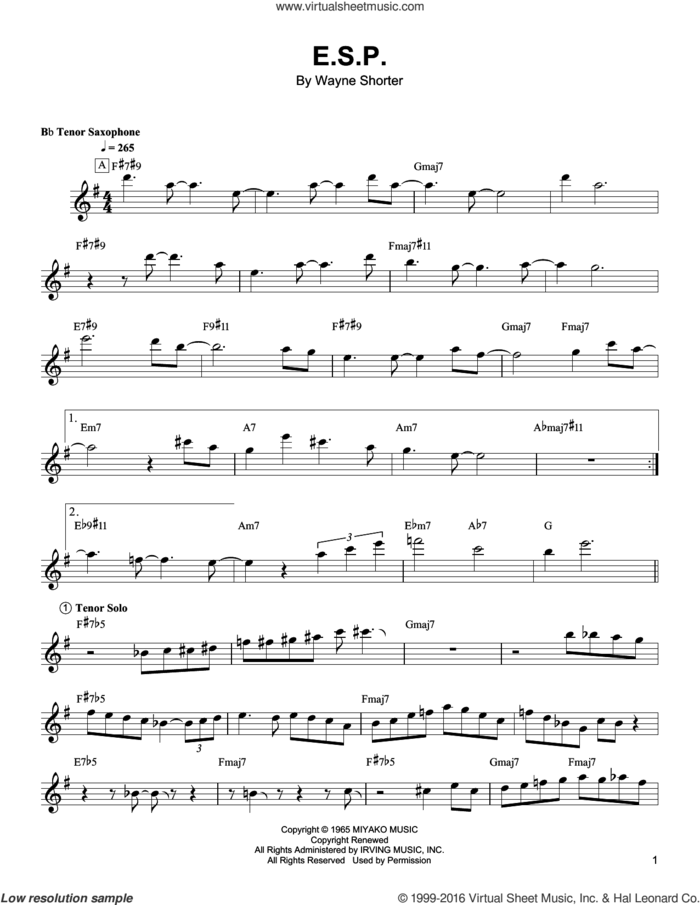 E.S.P. sheet music for tenor saxophone solo (transcription) by Wayne Shorter, intermediate tenor saxophone (transcription)