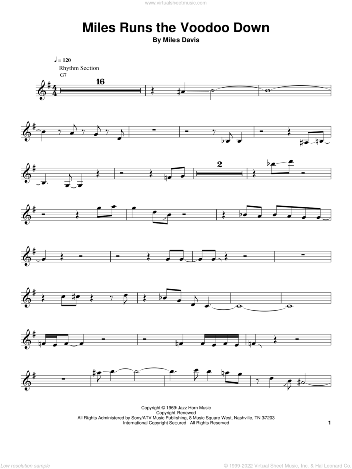 Miles Runs The Voodoo Down sheet music for trumpet solo (transcription) by Miles Davis, intermediate trumpet (transcription)