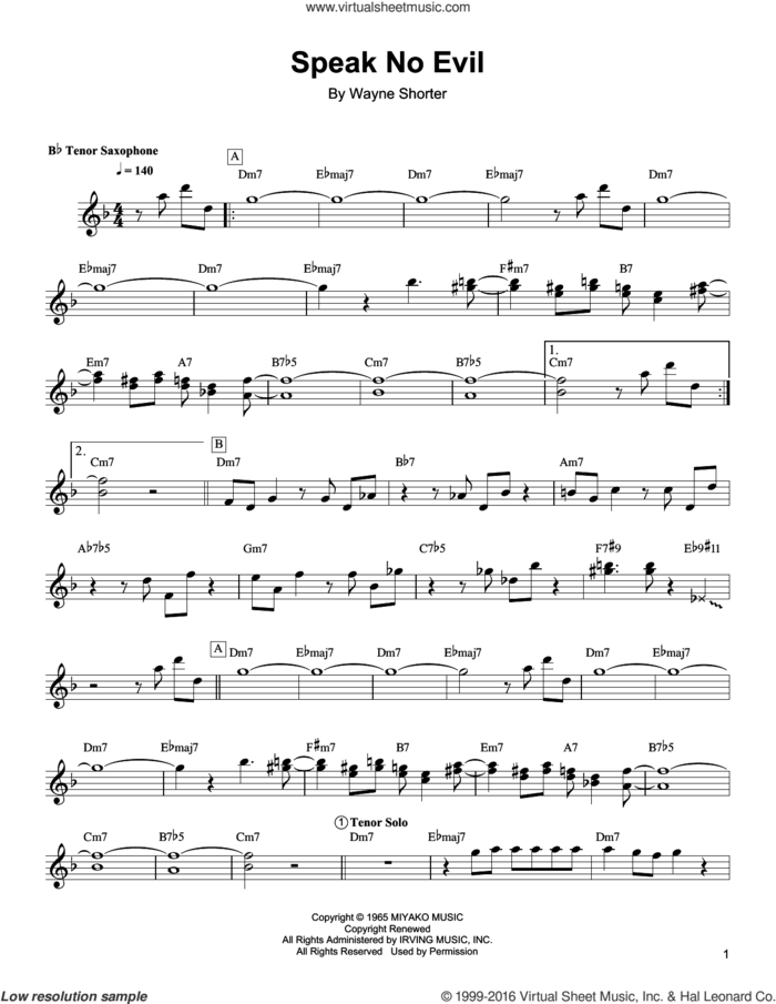 Speak No Evil sheet music for tenor saxophone solo (transcription) by Wayne Shorter, intermediate tenor saxophone (transcription)