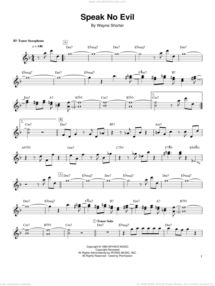 Speak No Evil sheet music for tenor saxophone solo (transcription) by Wayne Shorter, intermediate tenor saxophone (transcription)