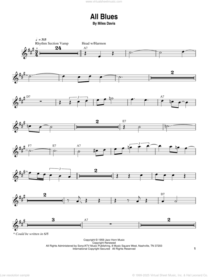 All Blues sheet music for trumpet solo (transcription) by Miles Davis and John Coltrane, intermediate trumpet (transcription)