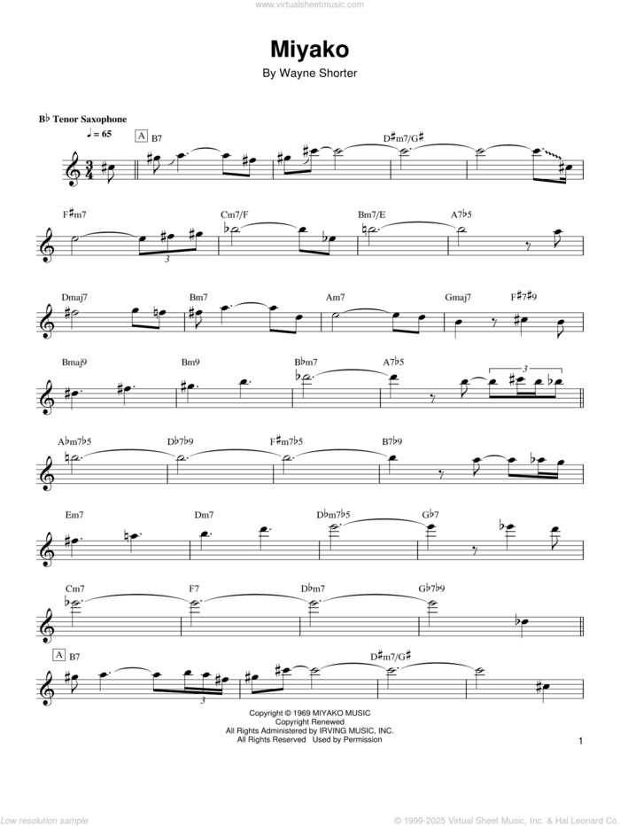 Miyako sheet music for tenor saxophone solo (transcription) by Wayne Shorter, intermediate tenor saxophone (transcription)