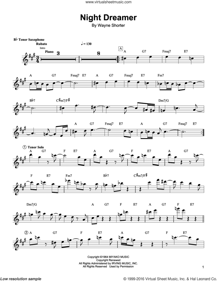 Night Dreamer sheet music for tenor saxophone solo (transcription) by Wayne Shorter, intermediate tenor saxophone (transcription)
