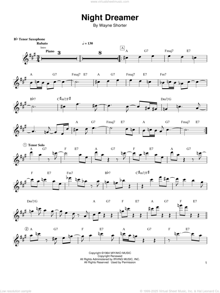 Night Dreamer sheet music for tenor saxophone solo (transcription) by Wayne Shorter, intermediate tenor saxophone (transcription)