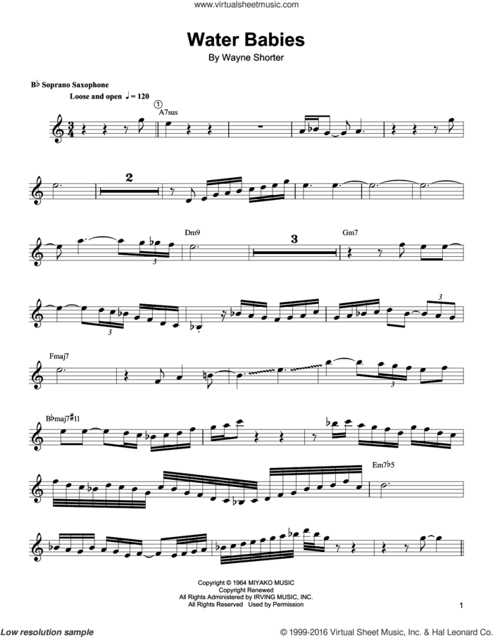 Water Babies sheet music for soprano saxophone solo (transcription) by Wayne Shorter, intermediate soprano saxophone (transcription)