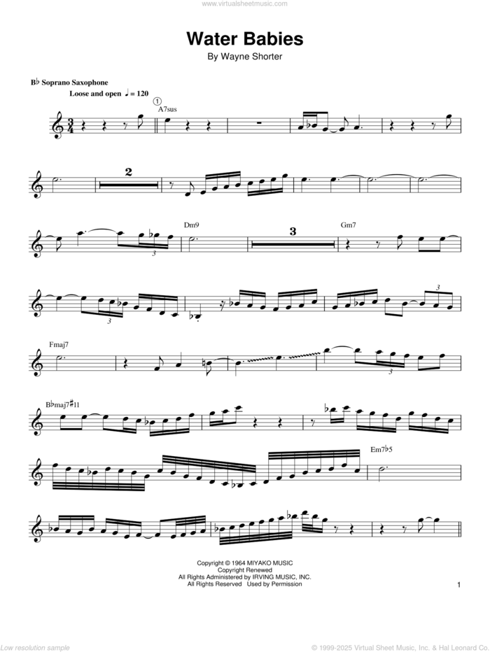 Water Babies sheet music for soprano saxophone solo (transcription) by Wayne Shorter, intermediate soprano saxophone (transcription)