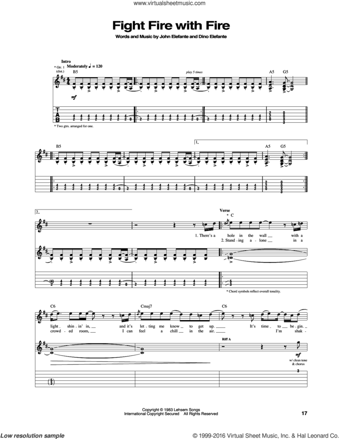 Fight Fire With Fire sheet music for guitar (tablature) by Kansas, Dino Elefante and John Elefante, intermediate skill level