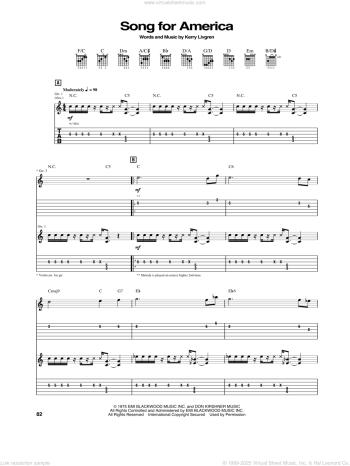 Song For America sheet music for guitar (tablature) by Kansas and Kerry Livgren, intermediate skill level