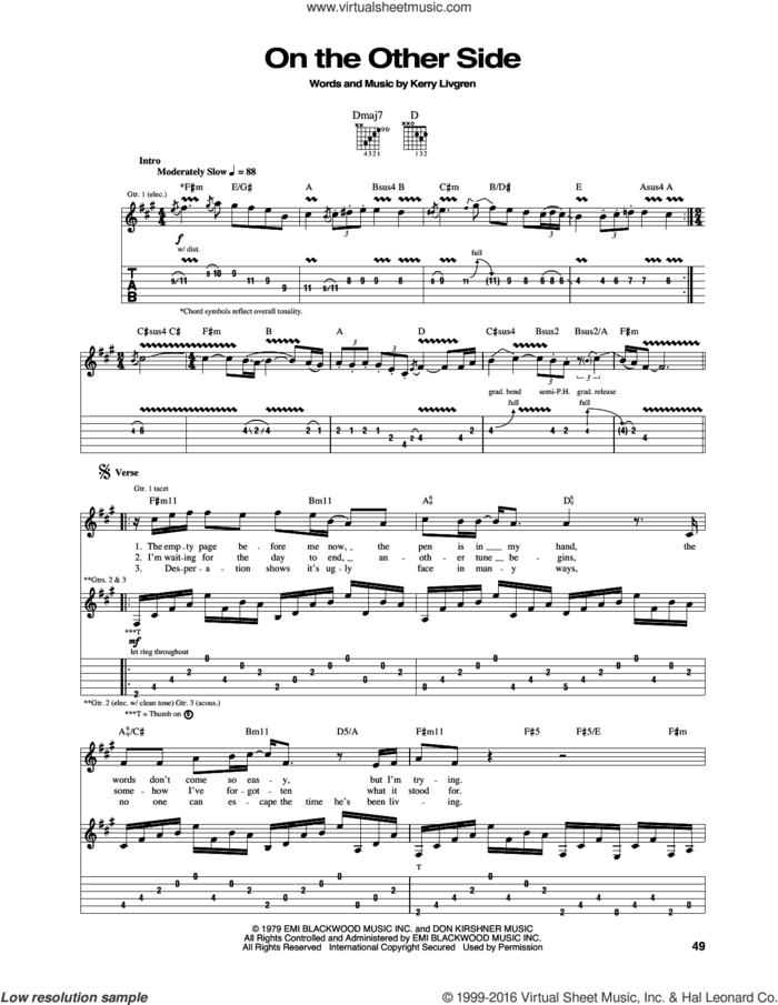 On The Other Side sheet music for guitar (tablature) by Kansas and Kerry Livgren, intermediate skill level