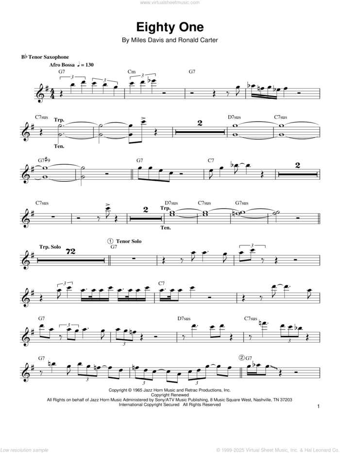 Eighty One sheet music for tenor saxophone solo (transcription) by Wayne Shorter, Miles Davis and Ronald Carter, intermediate tenor saxophone (transcription)